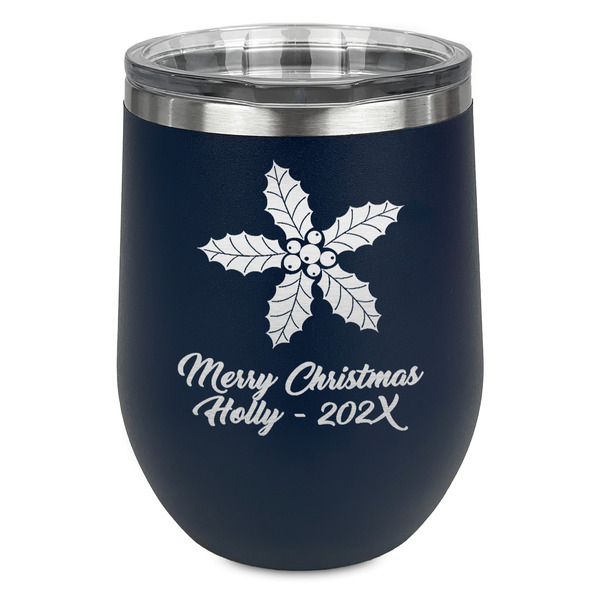 Custom Christmas Holly Stemless Stainless Steel Wine Tumbler - Navy - Double Sided (Personalized)