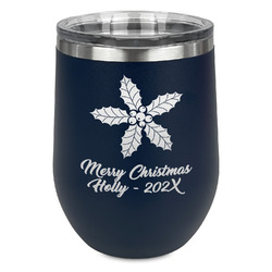 Christmas Holly Stemless Stainless Steel Wine Tumbler - Navy - Single Sided (Personalized)