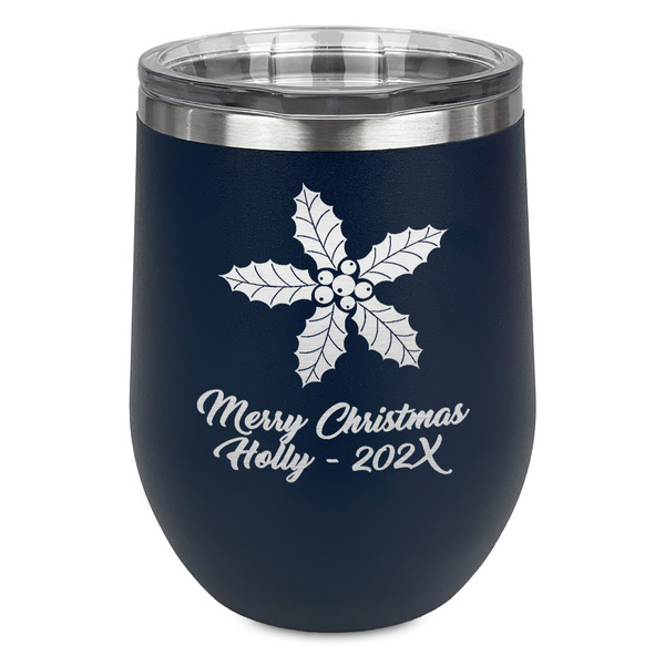 Custom Christmas Holly Stemless Stainless Steel Wine Tumbler - Navy - Single Sided (Personalized)