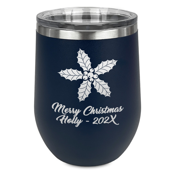 Christmas Holly Stainless Wine Tumblers - Navy - Single Sided - Front