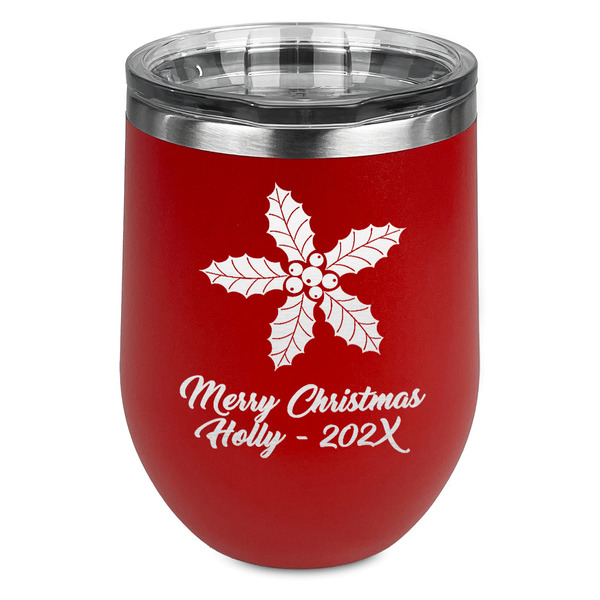 Custom Christmas Holly Stemless Stainless Steel Wine Tumbler - Red - Single Sided (Personalized)