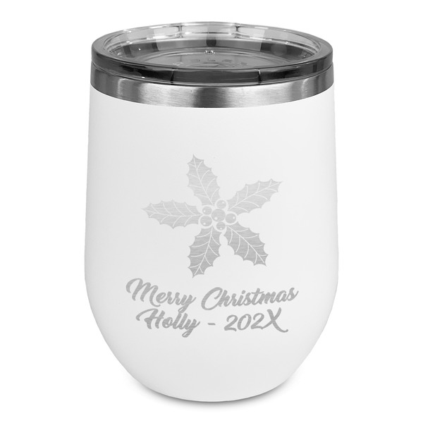 Custom Christmas Holly Stemless Stainless Steel Wine Tumbler - White - Single Sided (Personalized)