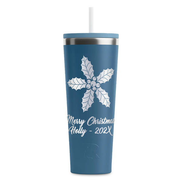 Custom Christmas Holly RTIC Everyday Tumbler with Straw - 28oz - Steel Blue - Double-Sided (Personalized)