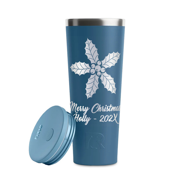 Christmas Holly Steel Blue RTIC Everyday Tumbler - 28 oz. - Lid Off