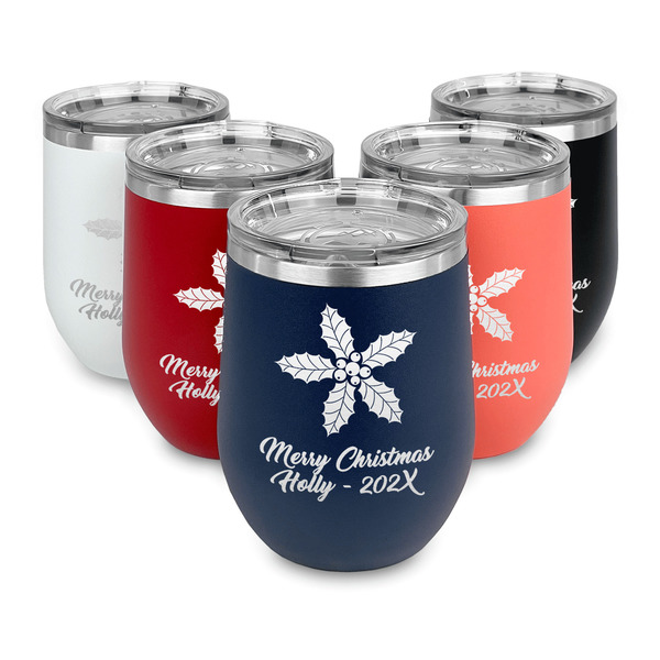 Christmas Holly Steel Wine Tumblers Multiple Colors