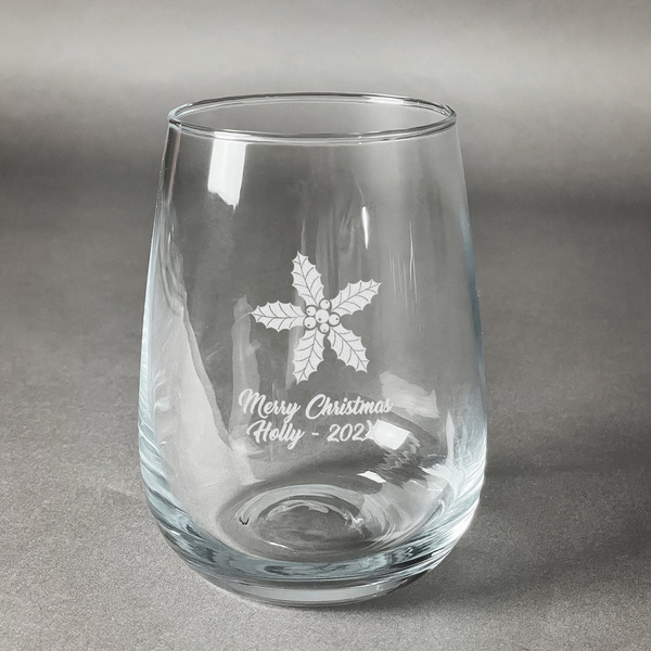 Custom Christmas Holly Stemless Wine Glass (Single) (Personalized)