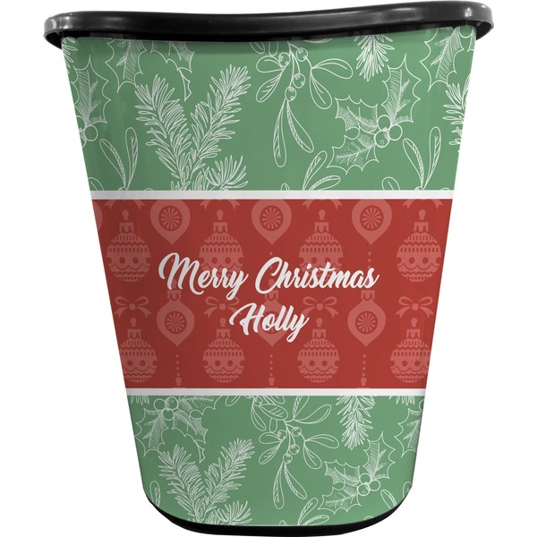 Custom Christmas Holly Waste Basket - Single Sided (Black) (Personalized)