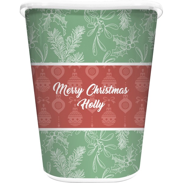 Custom Christmas Holly Waste Basket - Single Sided (White) (Personalized)