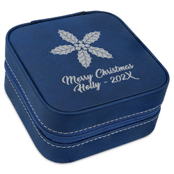 Christmas Holly Travel Jewelry Box - Navy Blue Leather (Personalized)