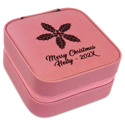 Christmas Holly Travel Jewelry Boxes - Pink Leather (Personalized)