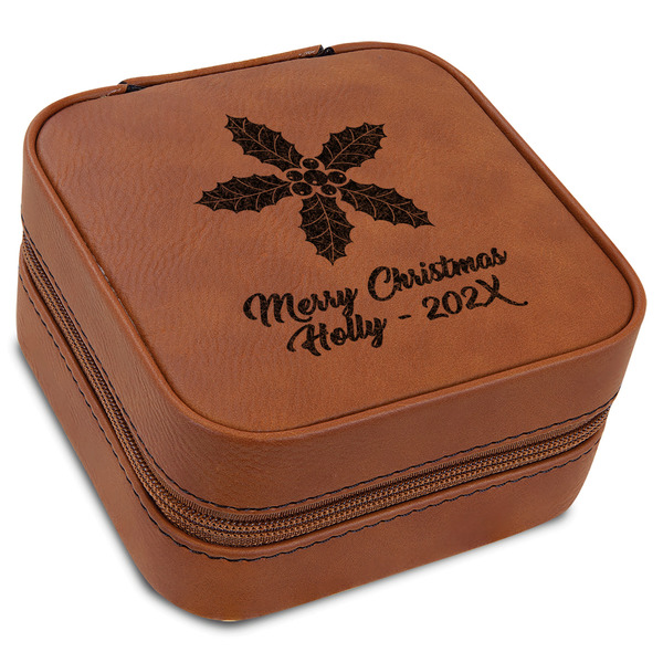 Custom Christmas Holly Travel Jewelry Box - Rawhide Leather (Personalized)