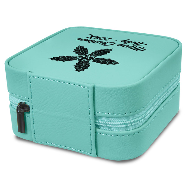 Christmas Holly Travel Jewelry Boxes - Leather - Teal - View from Rear