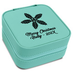 Christmas Holly Travel Jewelry Box - Teal Leather (Personalized)