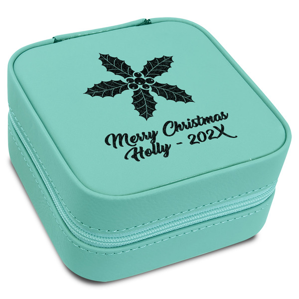 Custom Christmas Holly Travel Jewelry Box - Teal Leather (Personalized)