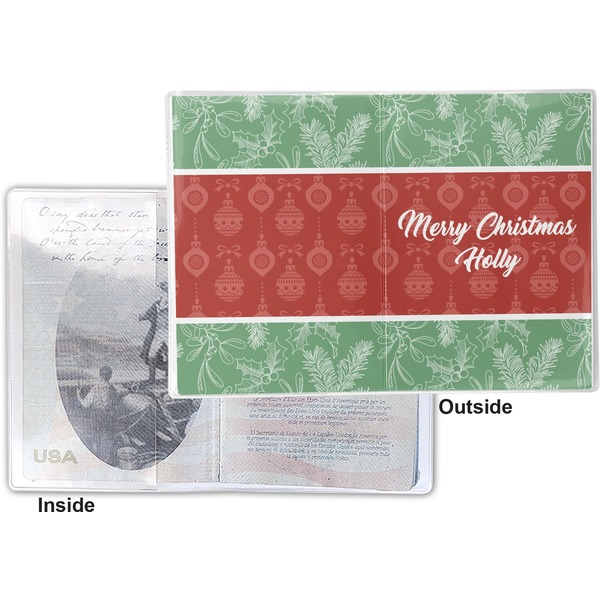 Christmas Holly Vinyl Passport Holder - Flat Front and Back