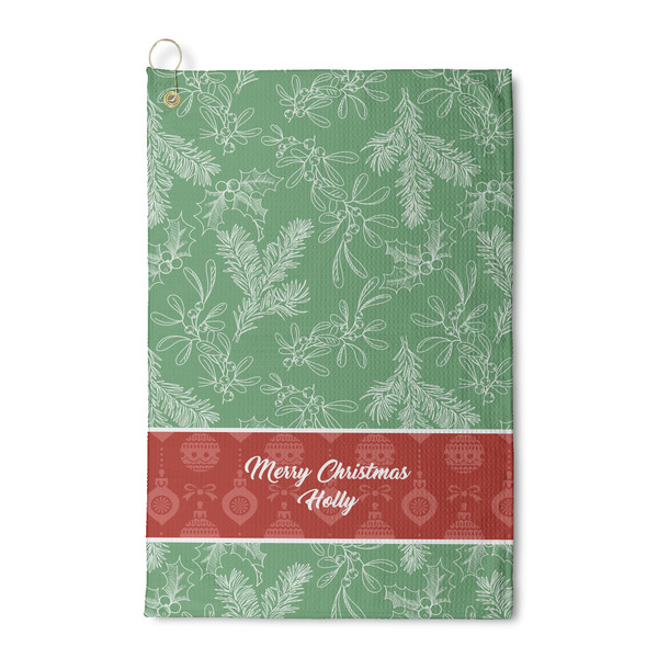 Custom Christmas Holly Waffle Weave Golf Towel (Personalized)