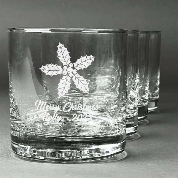 Custom Christmas Holly Whiskey Glasses (Set of 4) (Personalized)