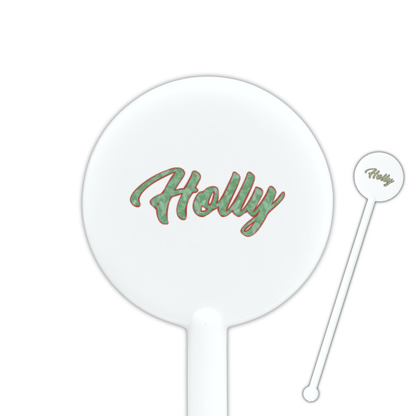 Custom Christmas Holly 5.5" Round Plastic Stir Sticks - White - Single Sided (Personalized)