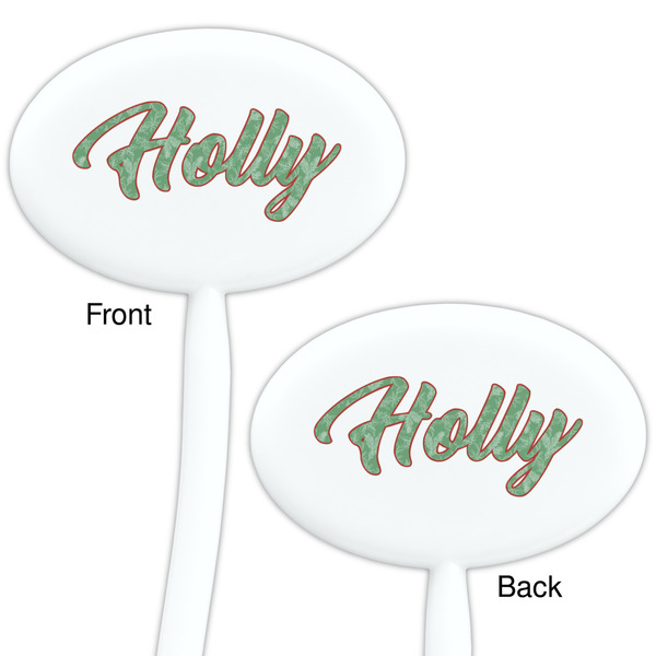Christmas Holly White Plastic 7" Stir Stick - Double Sided - Oval - Front & Back