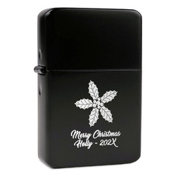 Christmas Holly Windproof Lighter - Black - Single Sided & Lid Engraved (Personalized)
