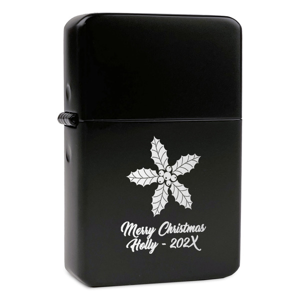Custom Christmas Holly Windproof Lighter - Black - Single Sided & Lid Engraved (Personalized)
