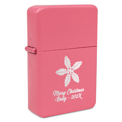Christmas Holly Windproof Lighter - Pink - Single Sided & Lid Engraved (Personalized)