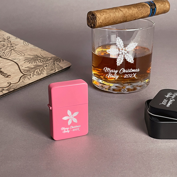 Christmas Holly Windproof Lighters - Pink - In Context