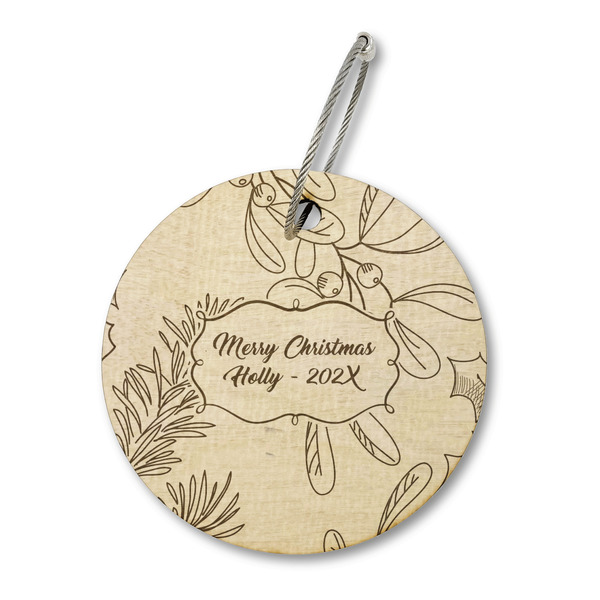 Custom Christmas Holly Wood Luggage Tag - Round (Personalized)