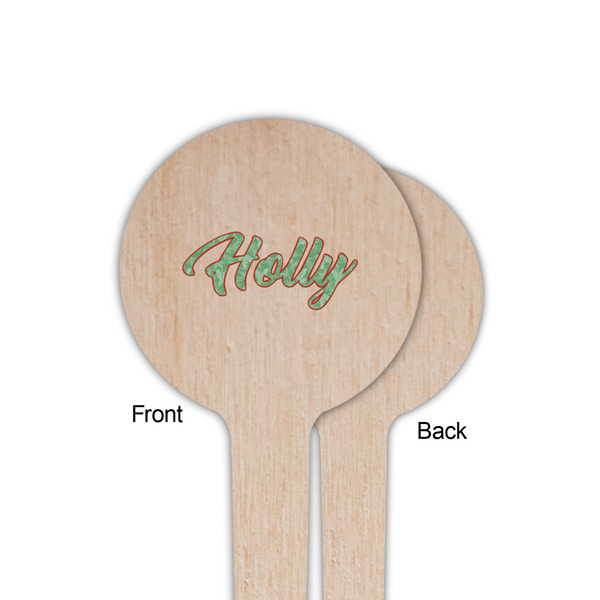 Christmas Holly Wooden 4" Food Pick - Round - Single Sided - Front & Back