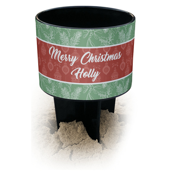 Custom Christmas Holly Black Beach Spiker Drink Holder (Personalized)