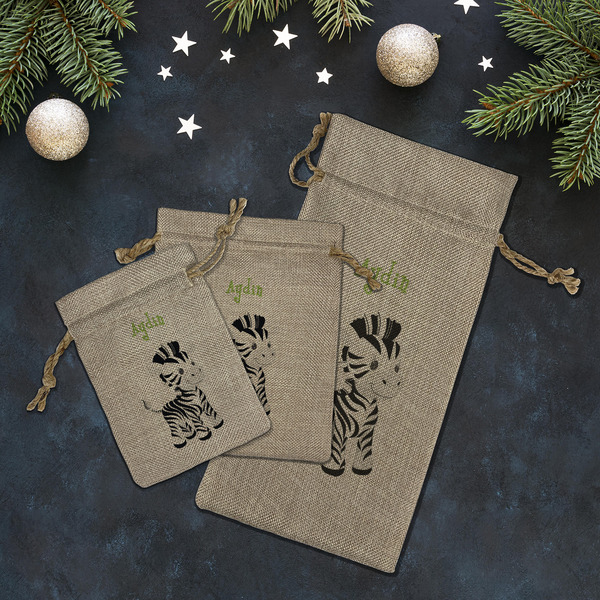 Safari Burlap Gift Bags - LIFESTYLE (Flat lay)