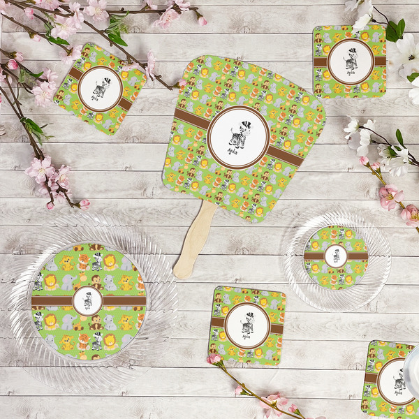 Safari Party Supplies Combination Image - All items - Plates, Coasters, Fans