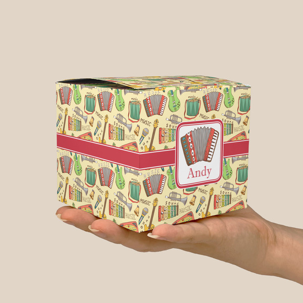 Vintage Musical Instruments Cube Favor Gift Box - On Hand - Scale View
