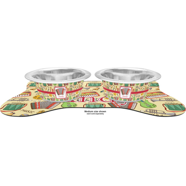 Vintage Musical Instruments Metal Pet Bowls - On Dog Bone Shaped Mat