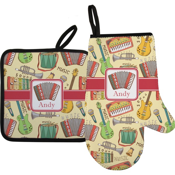 Custom Vintage Musical Instruments Right Oven Mitt & Pot Holder Set w/ Name or Text