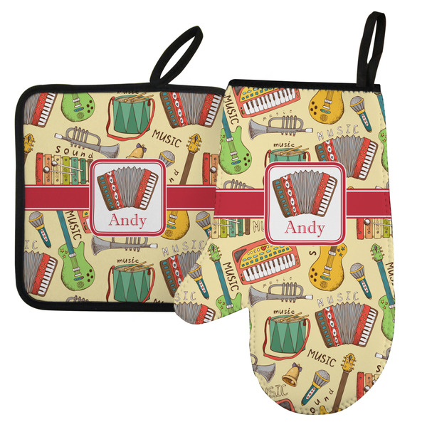 Custom Vintage Musical Instruments Left Oven Mitt & Pot Holder Set w/ Name or Text