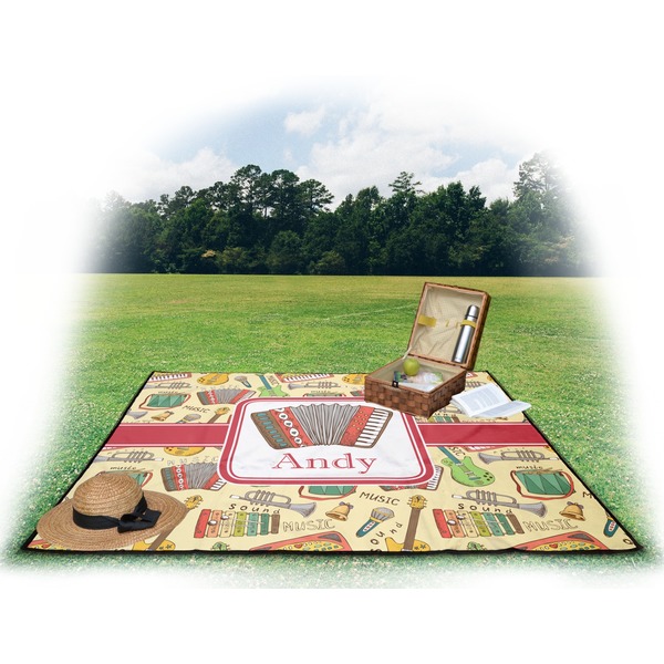 Vintage Musical Instruments Picnic Blanket - with Basket Hat and Book - in Use
