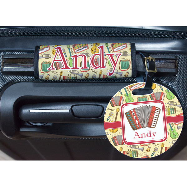 Vintage Musical Instruments Round Luggage Tag & Handle Wrap - In Context