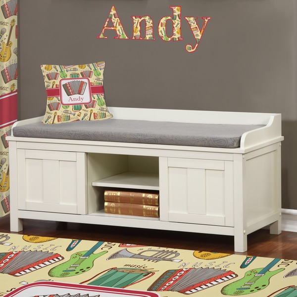 Vintage Musical Instruments Wall Name Decal Above Storage bench