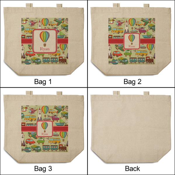 Vintage Transportation 3 Reusable Cotton Grocery Bags - Front & Back View