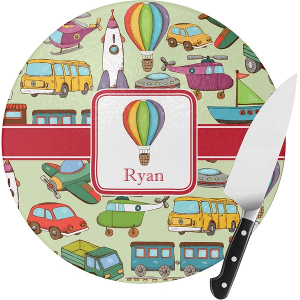 Custom Vintage Transportation Round Glass Cutting Board - Small (Personalized)