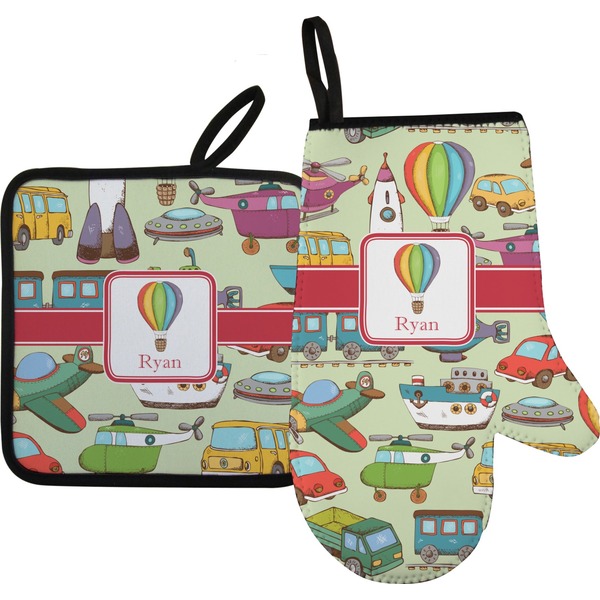 Custom Vintage Transportation Oven Mitt & Pot Holder Set w/ Name or Text