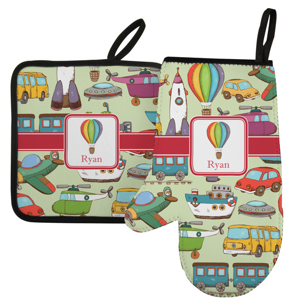 Custom Vintage Transportation Left Oven Mitt & Pot Holder Set w/ Name or Text