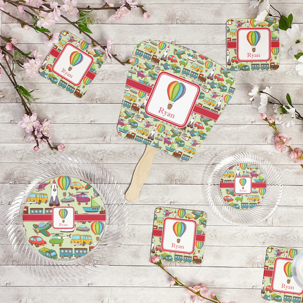 Vintage Transportation Party Supplies Combination Image - All items - Plates, Coasters, Fans