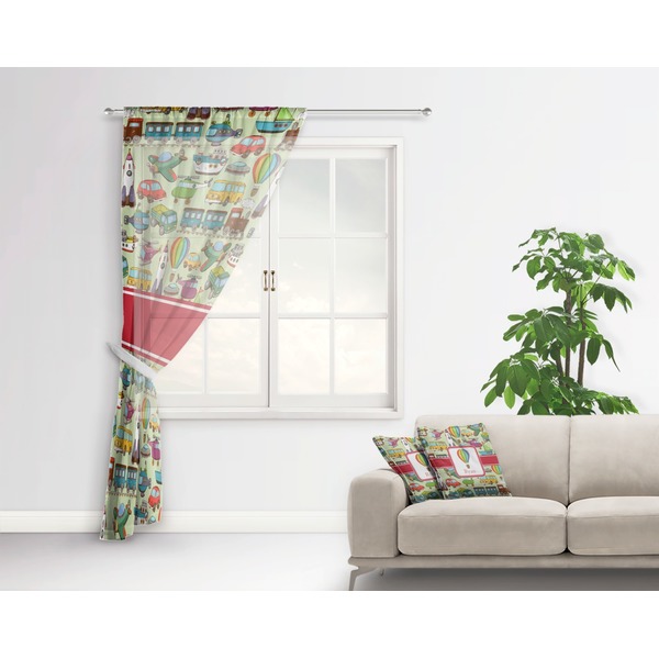 Vintage Transportation Sheer Curtain With Window and Rod - in Room Matching Pillow