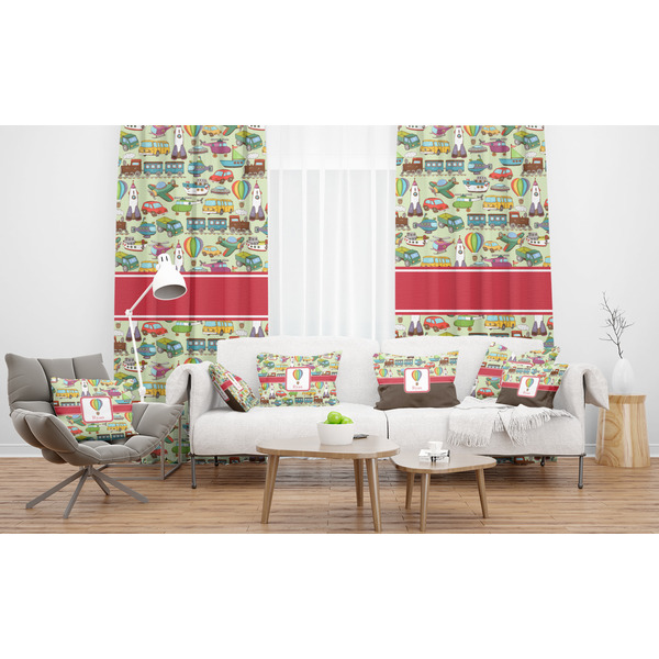 Vintage Transportation Sheer and Custom Curtains in Room with Matching Pillows