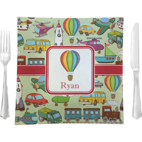 Custom Vintage Transportation 9.5" Glass Square Lunch / Dinner Plate- Single or Set of 4 (Personalized)
