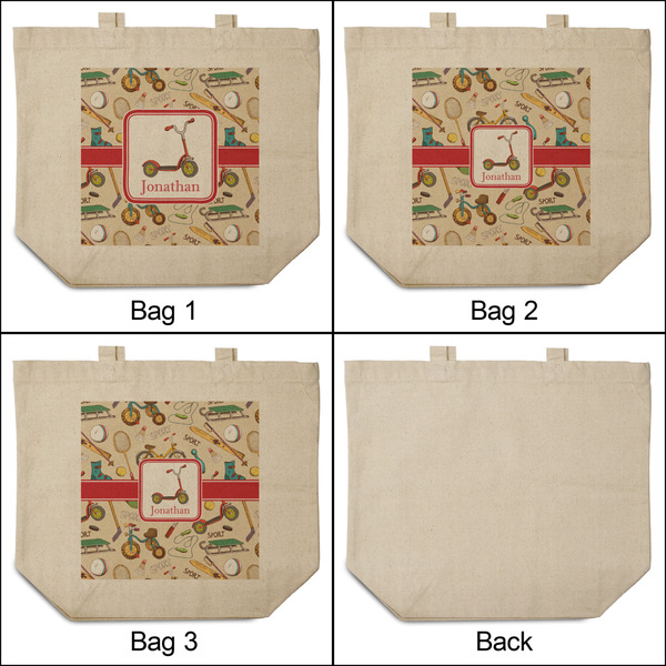 Vintage Sports 3 Reusable Cotton Grocery Bags - Front & Back View