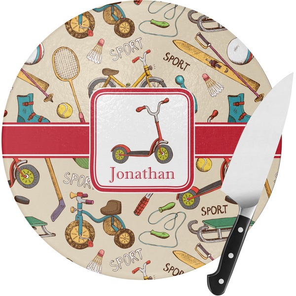 Custom Vintage Sports Round Glass Cutting Board - Small (Personalized)