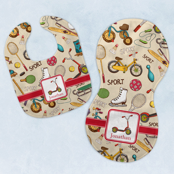 Custom Vintage Sports Baby Bib & Burp Set w/ Name or Text
